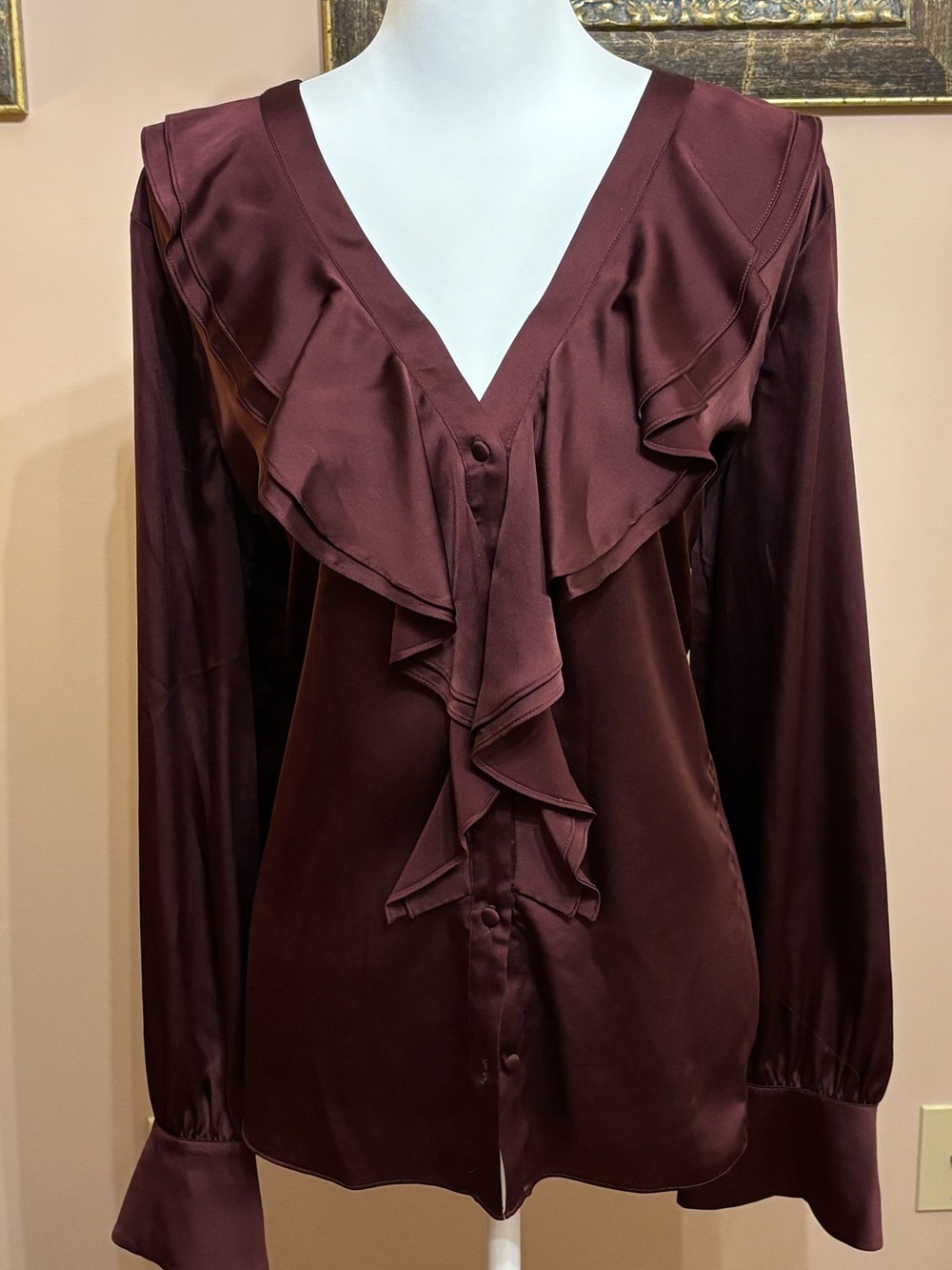 White House Black Market Burgundy Satin Ruffle V-Neck Blouse